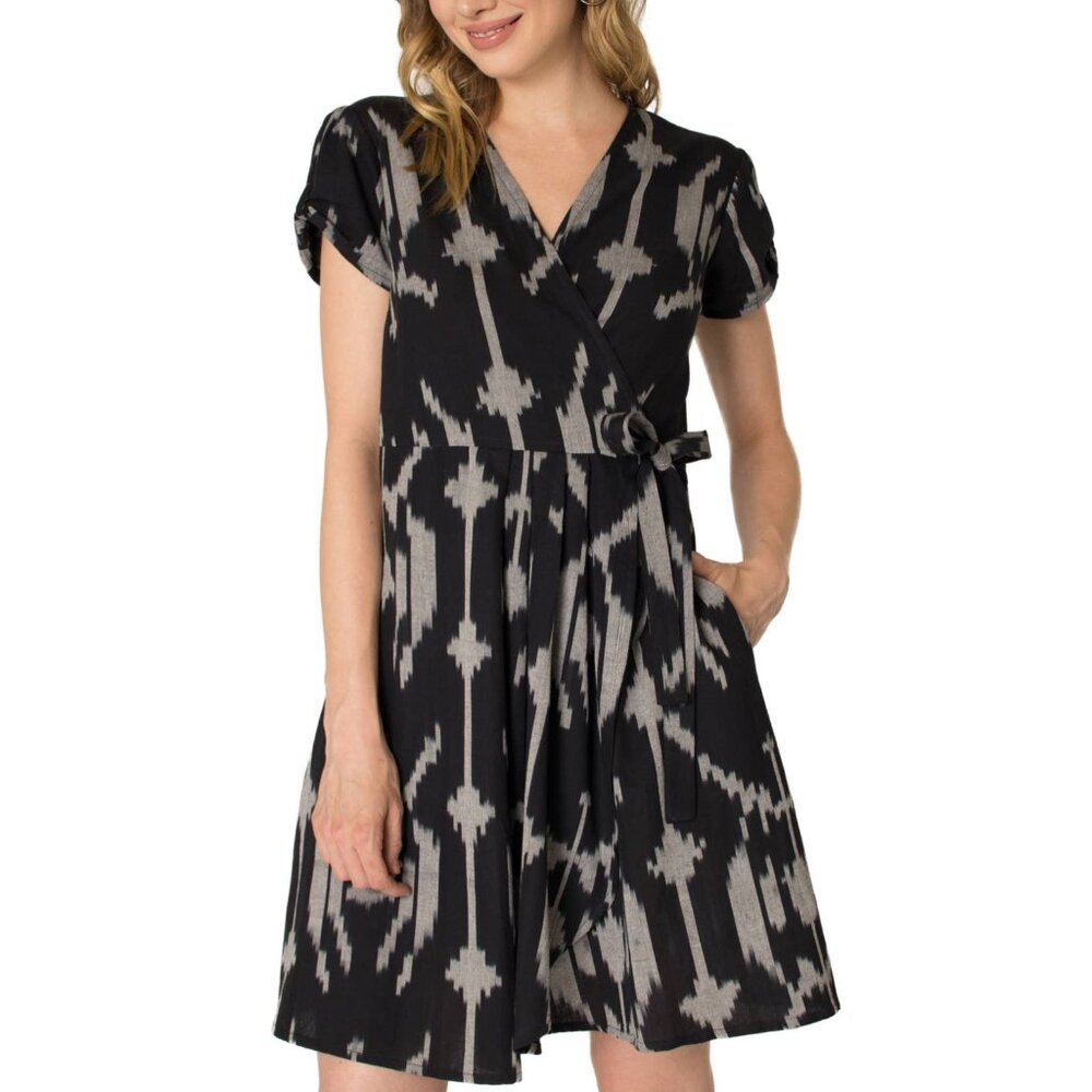 Black and Gray Ikat Wrap Midi Dress - Women